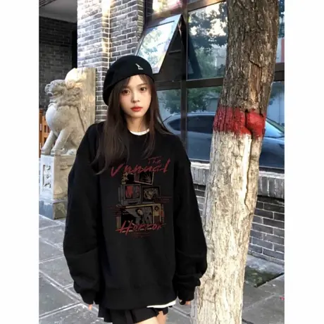 国潮美式oversize2025薄款圆领卫衣女秋冬款高街复古加绒加厚上衣商品大图