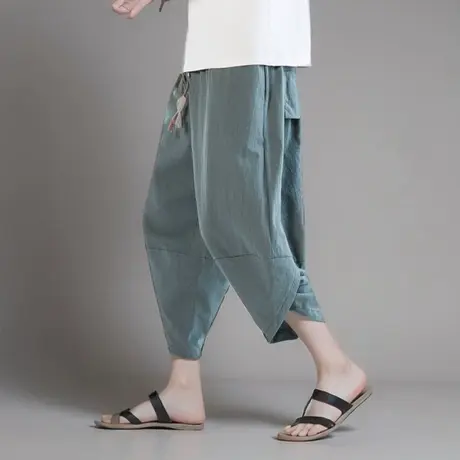 夏季男七分裤纯色简约休闲裤加肥加大码个性时尚新中式改良中裤潮商品大图