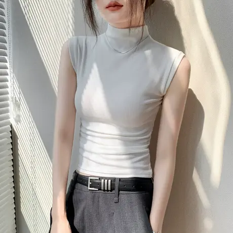 磨毛半高领背心女2024秋季新款修身显瘦内搭抓绒保暖无袖打底衫商品大图