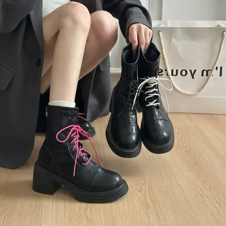 复古英伦风系带马丁靴女2025秋季新款气质粗跟靴子增高小个子短靴商品大图