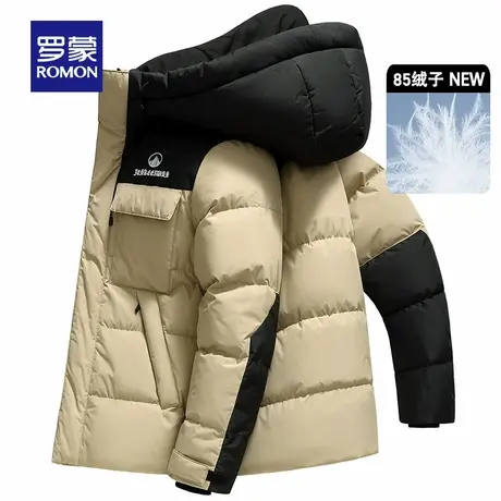 罗蒙拼色工装羽绒服男情侣款冬季短款连帽2025新款户外青少年外套商品大图