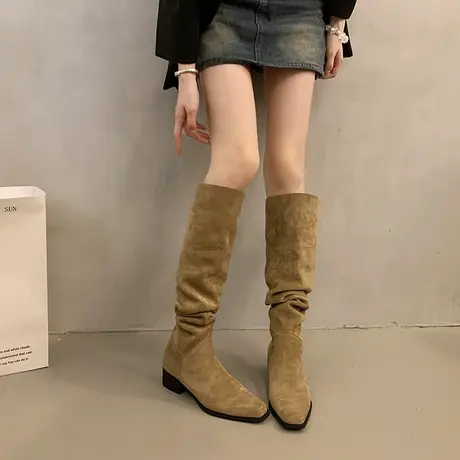 法式绒面堆堆靴女2025年秋季新款两穿百搭长靴粗跟时尚气质骑士靴商品大图