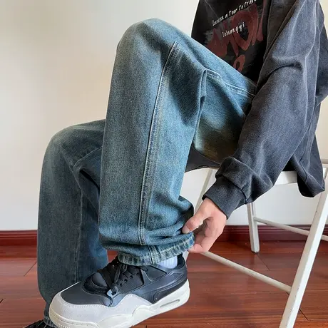 唐狮男款牛仔裤宽松长裤绣花设计感美式复古高街长裤子潮流TMTA商品大图