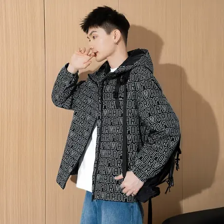 唐狮秋季新款男连帽外套满印设计感工装上衣潮酷夹克工装学生TM图片