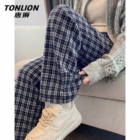 唐狮官方格纹阔腿裤女2026新款春秋款女士宽松显瘦休闲运动裤子VB图片