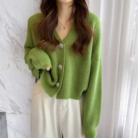 唐狮秋冬毛衣女经典简约百搭V领针织开衫外套红色费尔岛外套TD图片