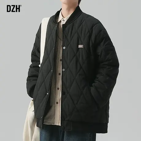 男士棒球领棉衣男冬季加厚黑色菱形格棉服男款冬款情侣外套棉袄图片