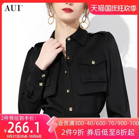 AUI欧美风黑色工装气质衬衫女2023秋新款职业气质上衣泡泡袖衬衣图片