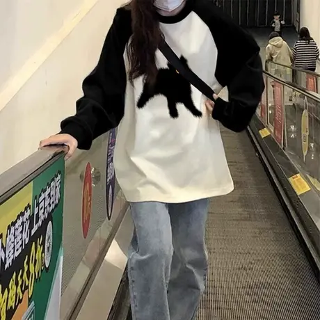 撞色插肩袖圆领纯棉长袖t恤女秋冬2023小众设计感宽松打底衫上衣图片