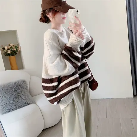 复古条纹圆领套头毛衣女加厚2023新款秋冬宽松慵懒风百搭打底上衣图片