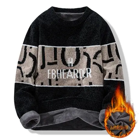 冬季加绒加厚男士毛衣保暖潮流雪尼尔打底针织衫青少年毛线衣男装图片