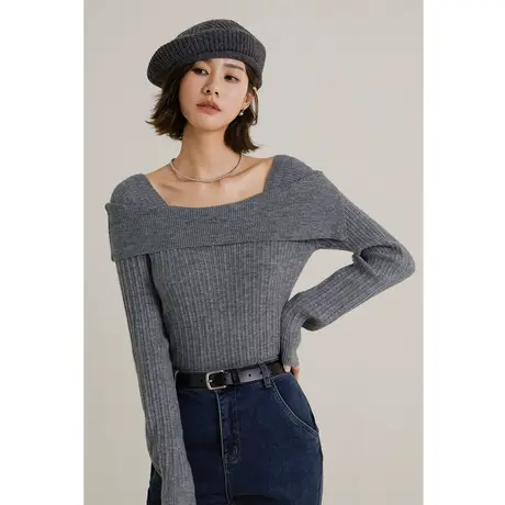 弥古灰色一字肩毛衣针织衫女秋冬法式方领内搭打底秋上衣2023新款商品大图