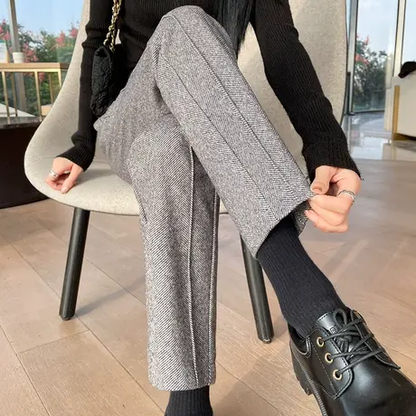 灰色毛呢直筒西装裤女秋冬新款加厚小个子高腰宽松呢子休闲烟管裤商品大图