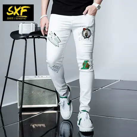 SXF圣希梵男士牛仔裤 2022新款小脚白色裤子刺绣修身休闲长裤男潮图片