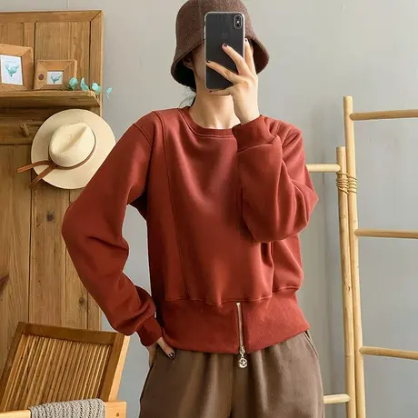 dza 复古纯色圆领套头拉链加绒卫衣女秋冬宽松长袖外套休闲上衣女商品大图