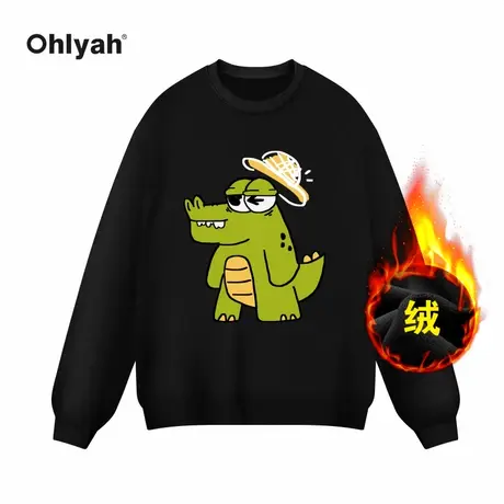 Ohlyah品牌秋冬卡通线条帽鳄鱼印花圆领卫衣男女oversize加绒上衣商品大图
