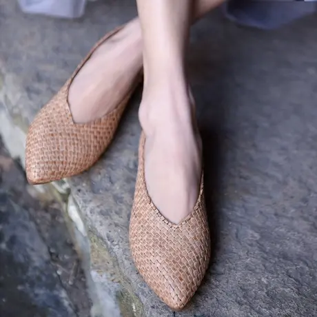 Artmu阿木原创春季新款复古手工编织单鞋女真皮平底尖头女鞋浅口商品大图