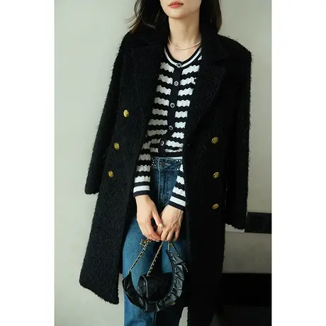 23新款女装巴家莫斯复古粗花呢毛呢中长款西装领女士大衣外套图片