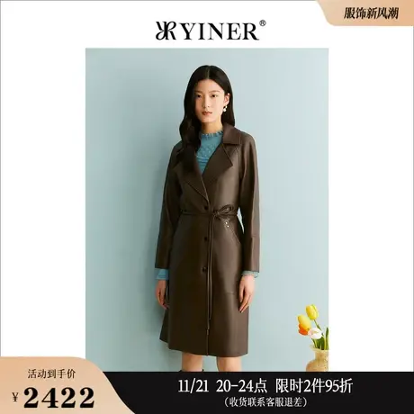 YINER音儿线上专选女装2023秋季中长款羊皮风衣咖啡色皮衣商品大图
