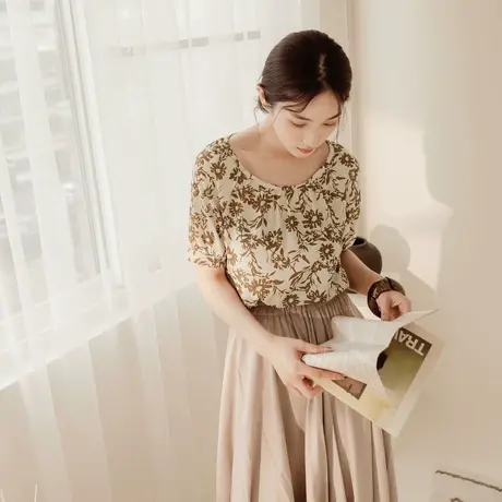 桔熊夏季复古气质娃娃装印花泡泡袖雪纺衫宽松上衣女大码AB17117商品大图