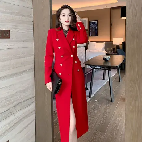 红色修身风衣女中长款过膝西装连衣裙秋冬小个子时尚流行大衣外套图片