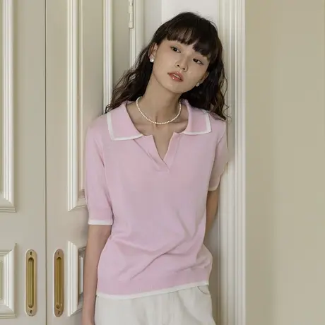 omont蛋挞家 复古撞色短袖polo针织衫女夏季宽松百搭软糯T恤上衣商品大图