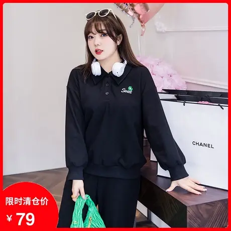 显瘦胖mm大码女装卫衣2024年春季新款华夫格百搭黑色宽松上衣套头图片