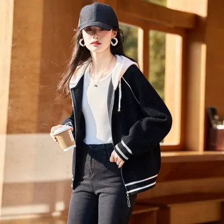 时尚气质毛呢外套2023年初冬女装新款百搭宽松韩版厚款短连帽上衣图片