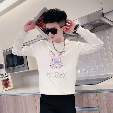 春秋季时尚休闲潮牌兔子图案个性潮流学生长袖体恤男士T恤ins卫衣商品大图