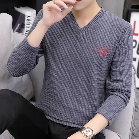 长袖t恤男士春秋季新款V领刺绣秋衣休闲百搭休闲打底衫男装上衣服商品大图