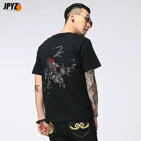 国风纯棉黑短袖T恤男修身麒麟刺绣国潮原创设计半袖上衣圆领重磅商品大图