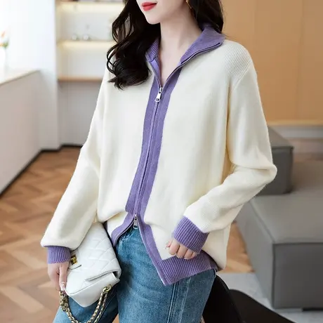 2023秋装新款韩版宽松圆领女士开衫毛衣外套拉链长袖针织衫长袖女商品大图