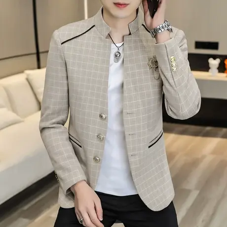 男士立领夹克秋季潮流英伦格子西装外套新中式男装时尚休闲中山装商品大图