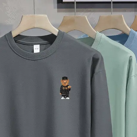 男士卫衣2023新款中国潮流小熊套头无帽上衣宽松秋季加绒长袖t恤商品大图