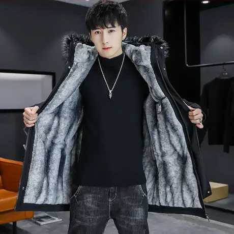 派克服男士外套2023冬季加绒加厚棉衣中长款冬装棉袄韩版连帽棉服商品大图