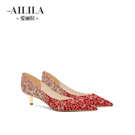 爱丽拉红色秀禾结婚鞋女2025新款春季中式低跟新娘鞋不累脚高级感图片