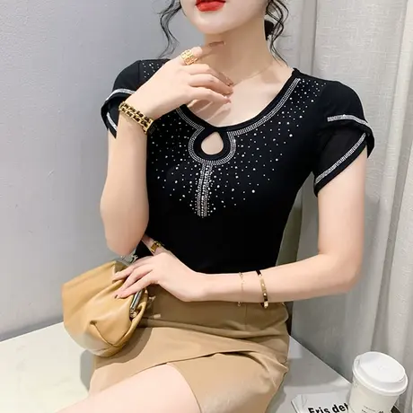欧货女装性感镂空网纱上衣时尚V领烫钻T恤短袖夏百搭紧身气质小衫商品大图