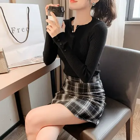 2020春秋新款上衣长袖针织打底衫女修身百搭学生套头毛衣时尚洋气图片