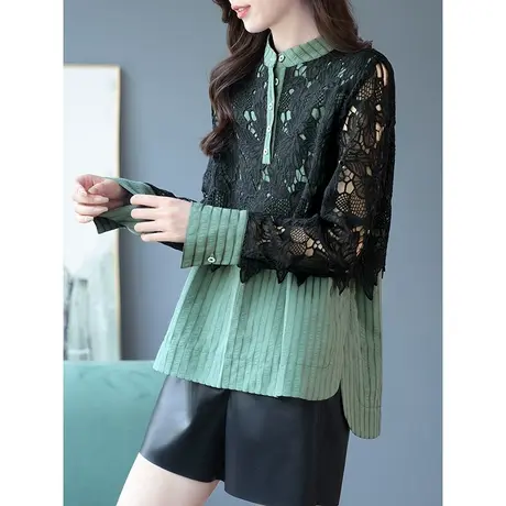 宝诗黎小立领蕾丝拼接条纹镂空衬衫2024春季新款设计感小众上衣女商品大图