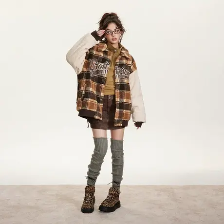 美式拼接棒球服棉服女夹棉冬季外套2023年新款复古格子宽松棉衣潮图片