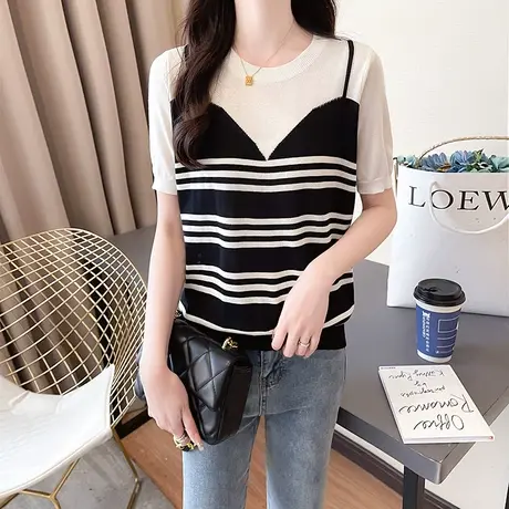 圆领针织衫短袖t恤女2023新款夏季女装宽松减龄上衣洋气半袖体恤商品大图