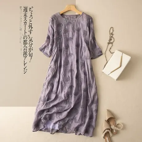 享永子重工刺绣苎麻连衣裙女夏中长款文艺复古高级感棉麻长裙2024图片