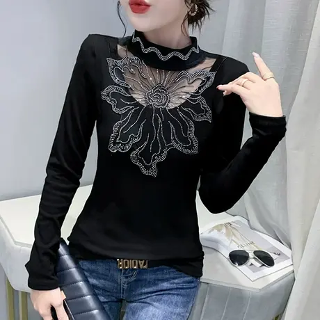 性感镂空长袖T恤烫钻小衫网纱拼接上衣紧身内搭加绒打底衫女秋冬商品大图