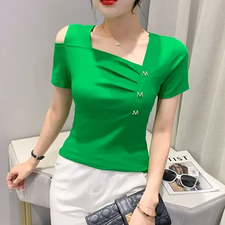 欧货性感露肩T恤女短袖洋气纯色百搭别致上衣夏季修身时尚小衫ins图片