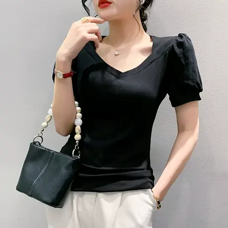 网红泡泡袖T恤女短袖2024夏季新款性感V领小衫纯色百搭洋气上衣潮商品大图