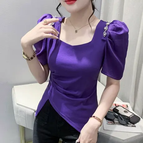 网红个性T恤女短袖气质方领小衫设计感不规则开叉上衣泡泡袖丅恤图片