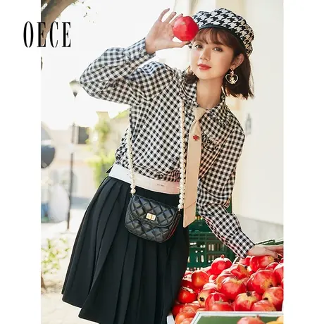 oece春秋新款女装盐甜参半抢镜复古格纹领带长袖衬衫商品大图