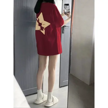 本命年红色兔子短袖t恤女款2023早春新款小个子宽松纯棉新款上衣商品大图