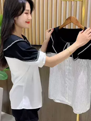 2023新款欧货设计感小众撞色拼接娃娃领衬衫短袖女大版洋气上衣夏图片