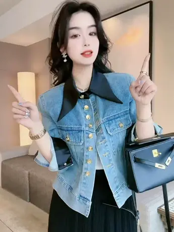 欧货设计感撞色牛仔短外套女2023春季百搭洋气时尚减龄拼接上衣潮商品大图